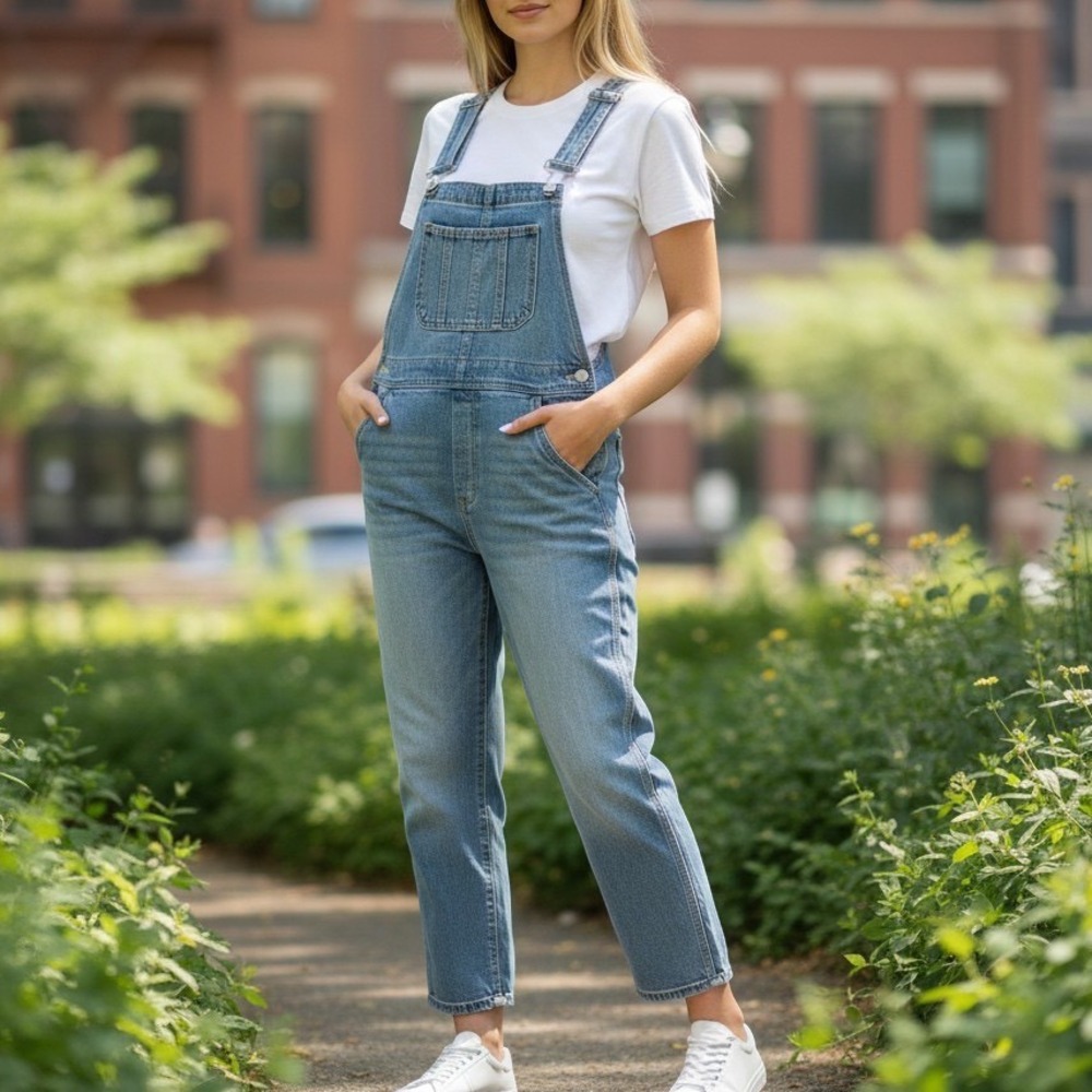 H&M Denim Overalls Blue Wash Relaxed Fit Women's Small Distressed Utility Farm